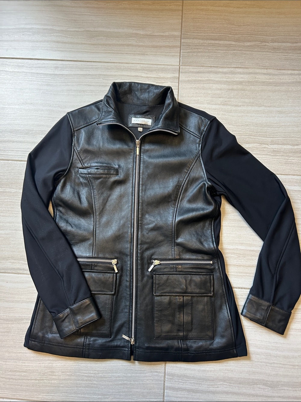 Anatomie Black Leather Jacket with Knit Sleeves
